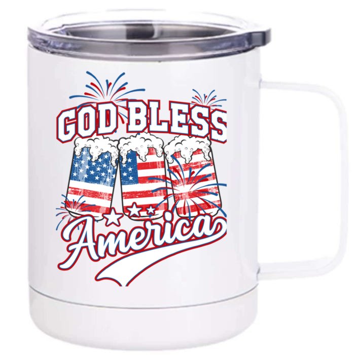 God Bless America 4th Of July Beer Us Flag Fireworks Gift Front & Back 12oz Stainless Steel Tumbler Cup