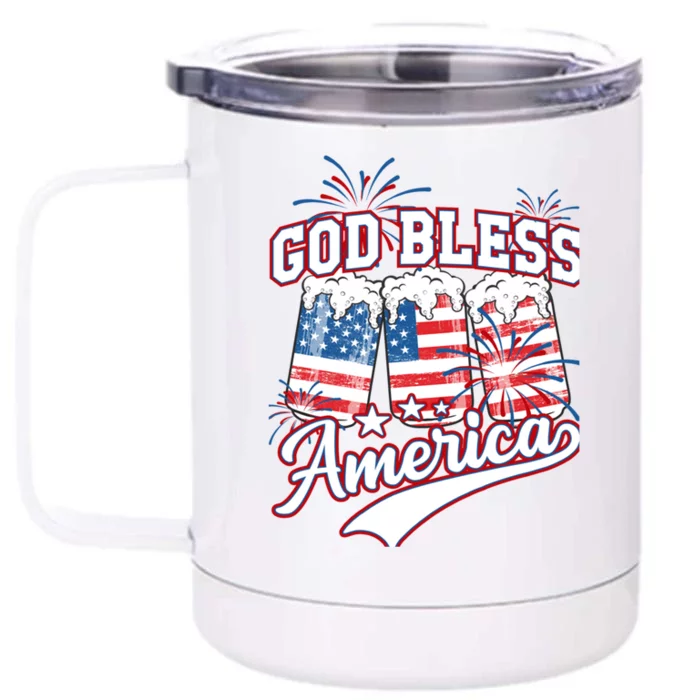 God Bless America 4th Of July Beer Us Flag Fireworks Gift Front & Back 12oz Stainless Steel Tumbler Cup