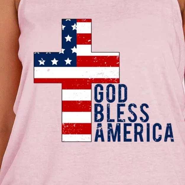 God Bless America Cross With American Flag Gift Women's Knotted Racerback Tank