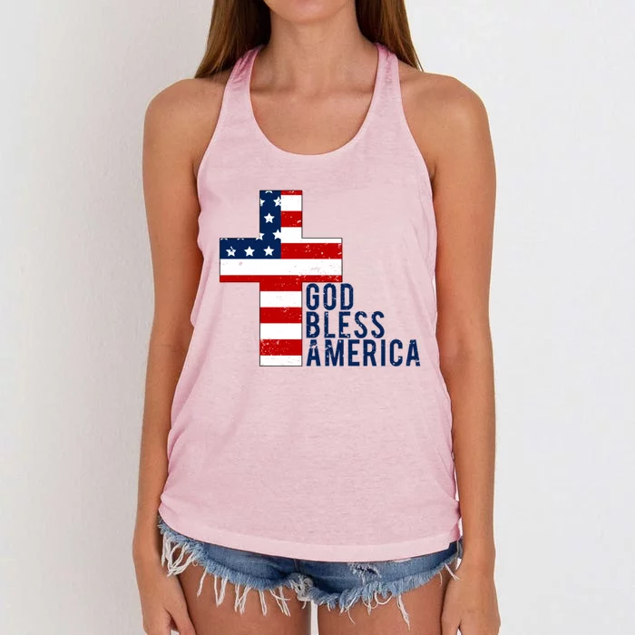 God Bless America Cross With American Flag Gift Women's Knotted Racerback Tank