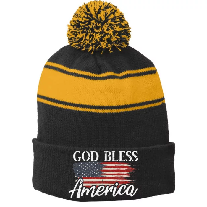 God Bless America 4th of July Patriotic USA Stripe Pom Pom Beanie