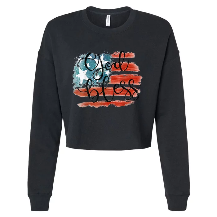 God Bless America Retro American Flag 4th Of July Patriotic Cropped Pullover Crew