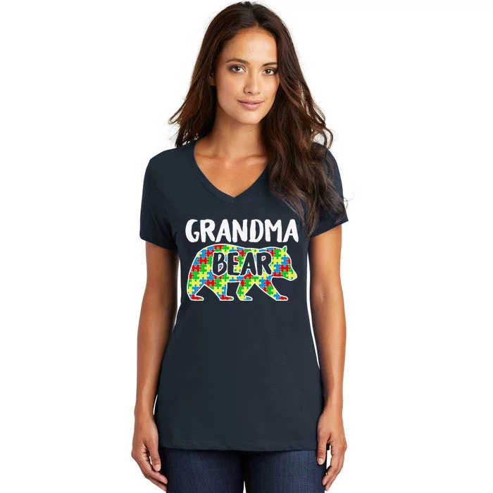 Grandma Bear Autism Awareness Month Family Support Women's V-Neck T-Shirt