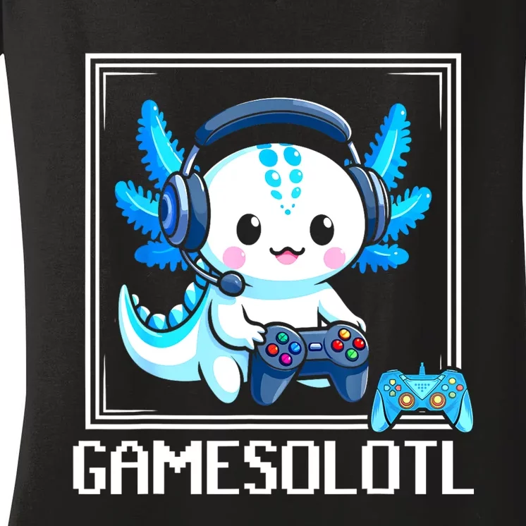 Gamesolotl Blue Axolotl Gaming Video Games Anime Games Women's V-Neck T-Shirt