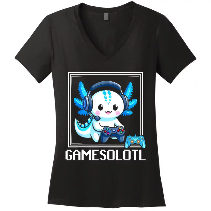 Gamesolotl Blue Axolotl Gaming Video Games Anime Games Women's V-Neck T-Shirt