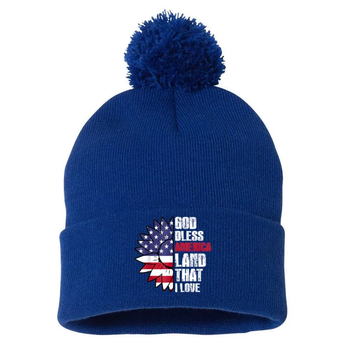 God Bless America Land That I Love Usa Flag Flower Patriotic Gift Pom Pom 12in Knit Beanie