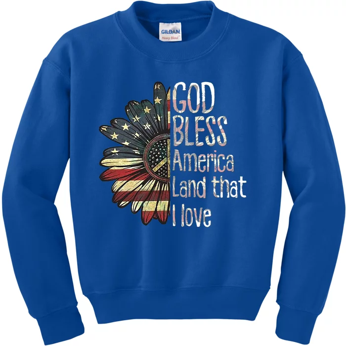 God Bless America Land That I Love Usa Flag Flower Patriotic Gift Kids Sweatshirt