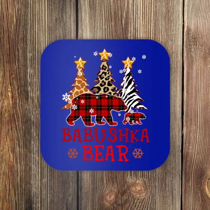 Grandma Babushka Bear Xmas Tree Pj Leopard Buffalo Plaid Gift Coaster