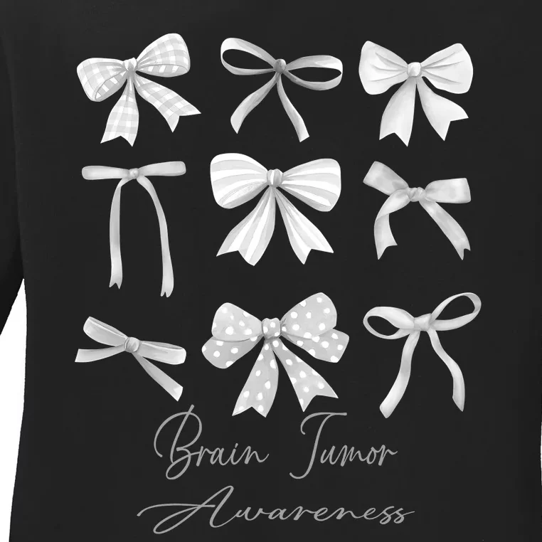 Gray Bow Brain Tumor Awareness Ladies Long Sleeve Shirt