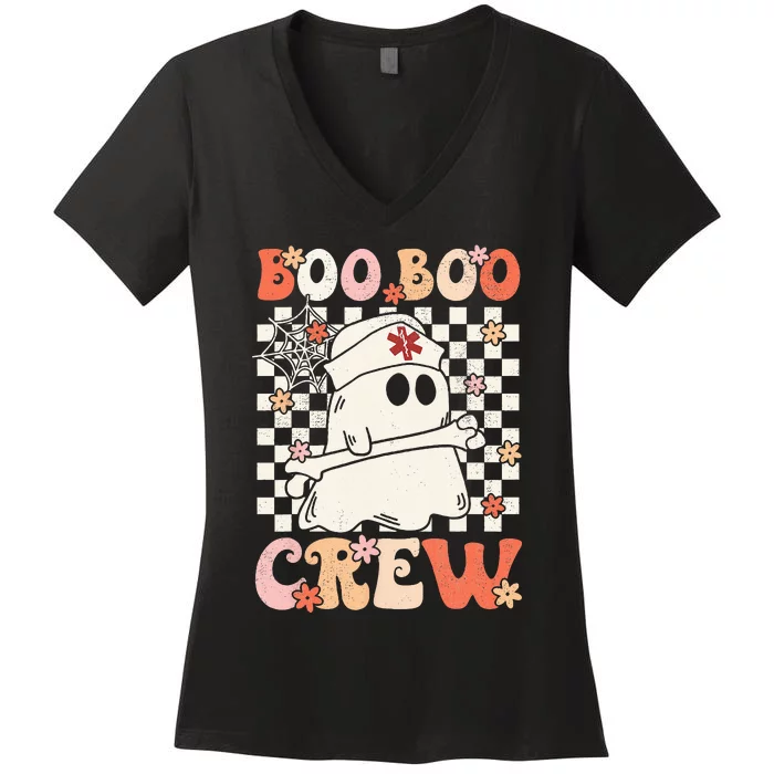 Groovy Boo Boo Crew Nurse Ghost Paramedic EMT EMS Halloween Women's V-Neck T-Shirt