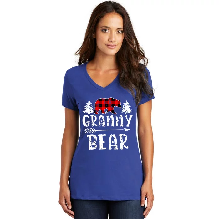 Granny Bear Cute Gift Grandma Christmas Red Buffalo Plaid Xmas Gift Women's V-Neck T-Shirt