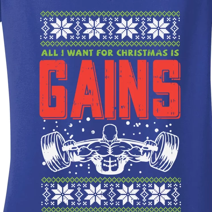 Gains Bodybuilder Christmas Sweater Gym Weightlifter Gift Great Gift Women's V-Neck T-Shirt