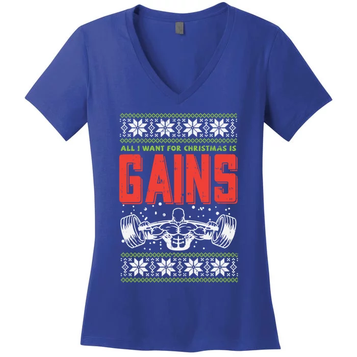 Gains Bodybuilder Christmas Sweater Gym Weightlifter Gift Great Gift Women's V-Neck T-Shirt