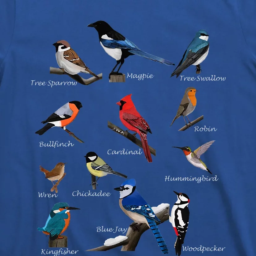 Garden Birds Cardinal Blue Jay Hummingbird Robin Wren Finch T-Shirt