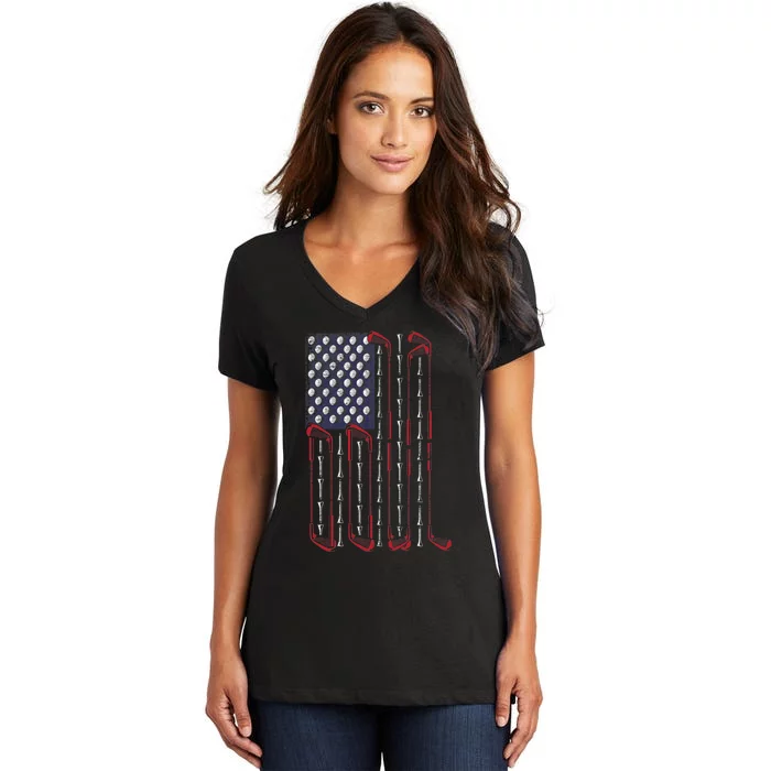 Golf Ball Club USA Flag Patriotic Golfing Sports Golfer Gift Women's V-Neck T-Shirt