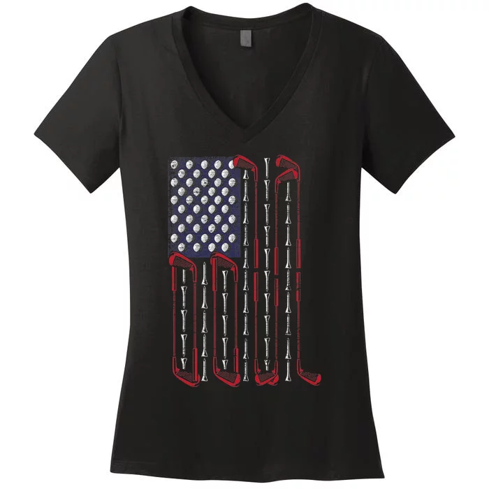 Golf Ball Club USA Flag Patriotic Golfing Sports Golfer Gift Women's V-Neck T-Shirt