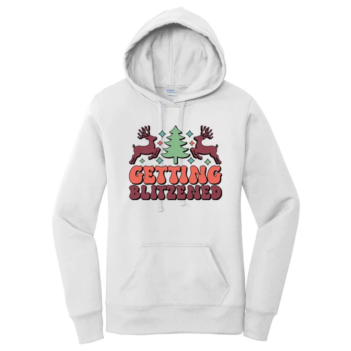 Getting Blitzened Christmas Tree And Reindeers Funny Women's Pullover Hoodie