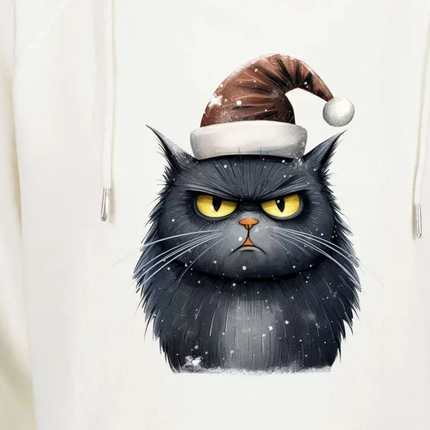 Grumpy Black Christmas Cat Santa Hat Womens Funnel Neck Pullover Hood