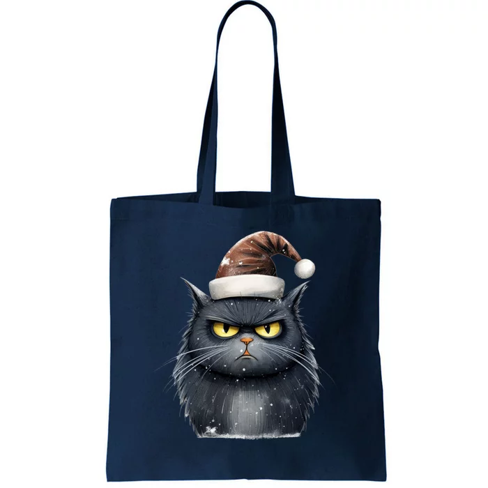 Grumpy Black Christmas Cat Santa Hat Tote Bag