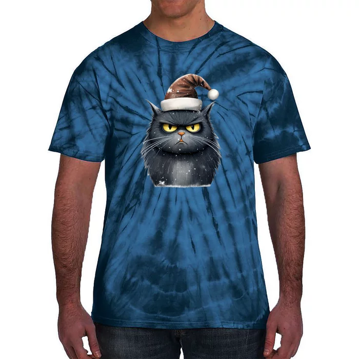 Grumpy Black Christmas Cat Santa Hat Tie-Dye T-Shirt