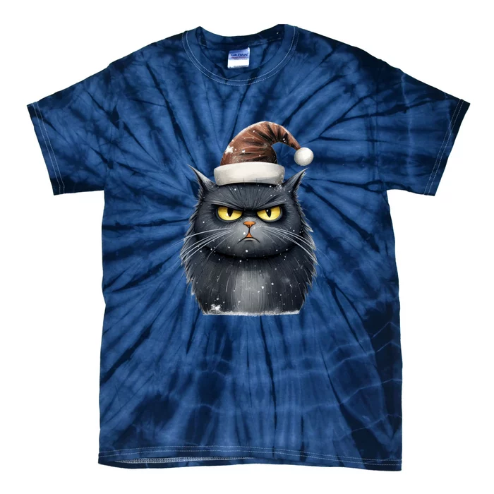 Grumpy Black Christmas Cat Santa Hat Tie-Dye T-Shirt