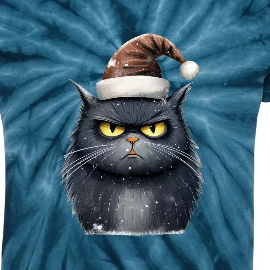 Grumpy Black Christmas Cat Santa Hat Kids Tie-Dye T-Shirt