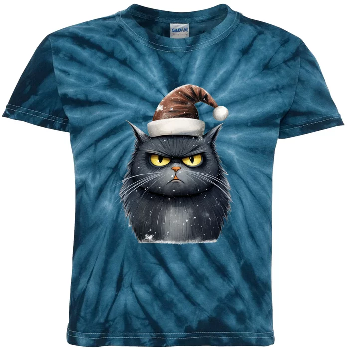 Grumpy Black Christmas Cat Santa Hat Kids Tie-Dye T-Shirt