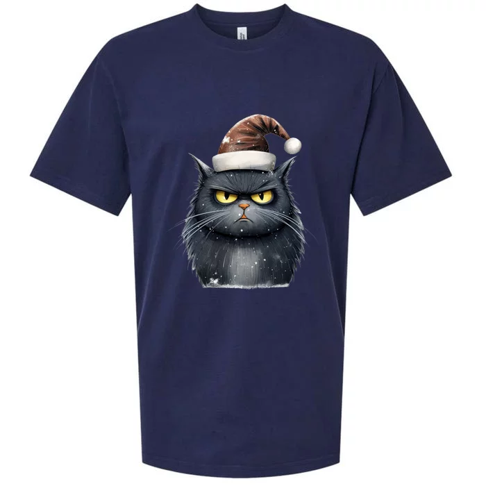 Grumpy Black Christmas Cat Santa Hat Sueded Cloud Jersey T-Shirt