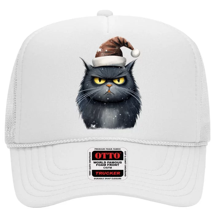 Grumpy Black Christmas Cat Santa Hat High Crown Mesh Trucker Hat