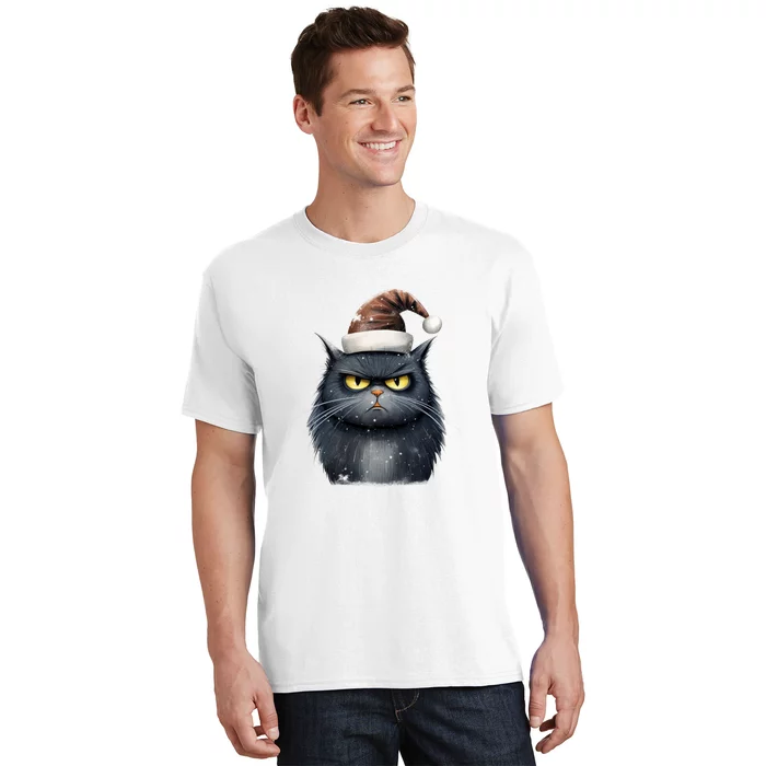 Grumpy Black Christmas Cat Santa Hat T-Shirt