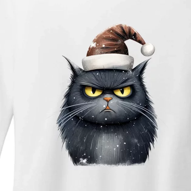 Grumpy Black Christmas Cat Santa Hat Womens CVC Long Sleeve Shirt