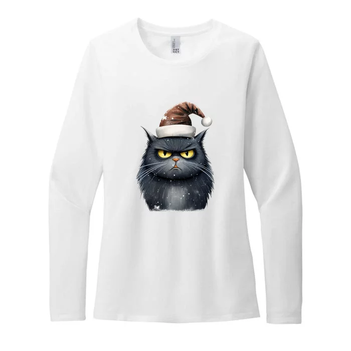 Grumpy Black Christmas Cat Santa Hat Womens CVC Long Sleeve Shirt