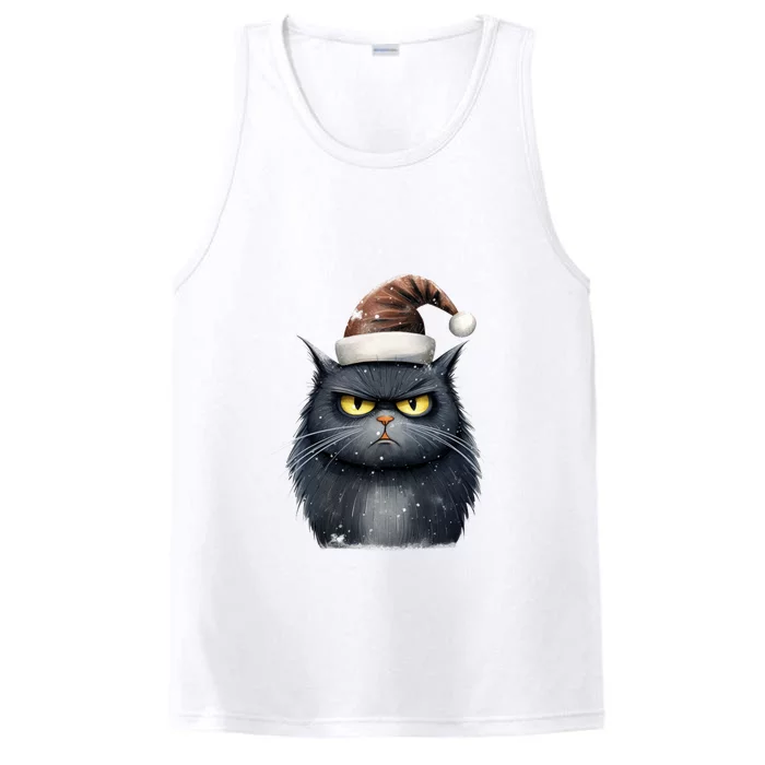 Grumpy Black Christmas Cat Santa Hat Performance Tank