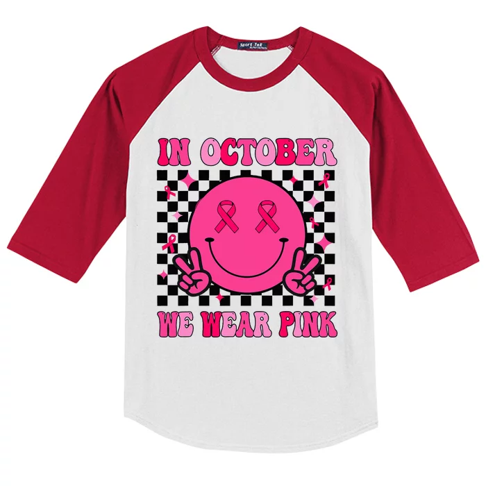 Groovy Breast Cancer Awareness In October We Wear Pink Kids Colorblock Raglan Jersey