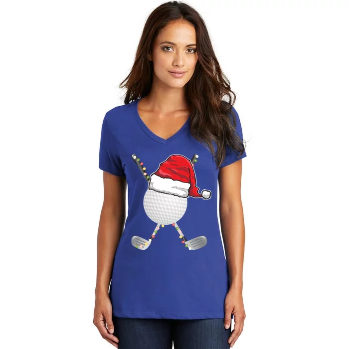 Golf Ball Christmas Santa Hat Funny Xmas Golfer Pajama Gift Women's V-Neck T-Shirt