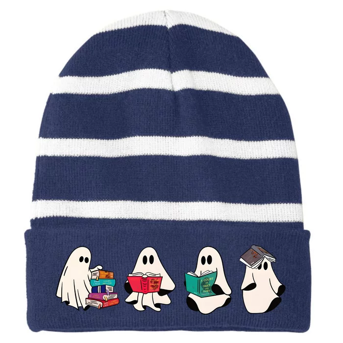 Ghost Bookish Cute Ghoul Halloween Bookworm Book Lover Striped Beanie with Solid Band