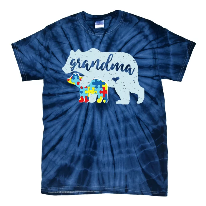 Grandma Bear Cute Autism Awareness Puzzle Piece Cub Gift Tie-Dye T-Shirt