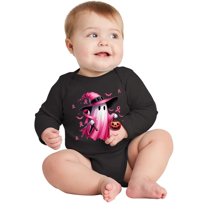 Ghosts Breast Cancer Awareness Retro In October Baby Long Sleeve Bodysuit