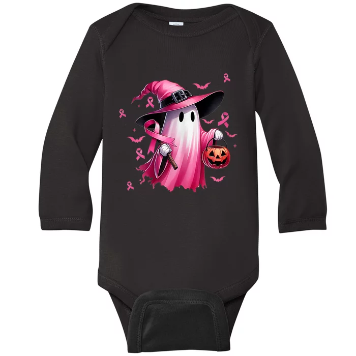 Ghosts Breast Cancer Awareness Retro In October Baby Long Sleeve Bodysuit