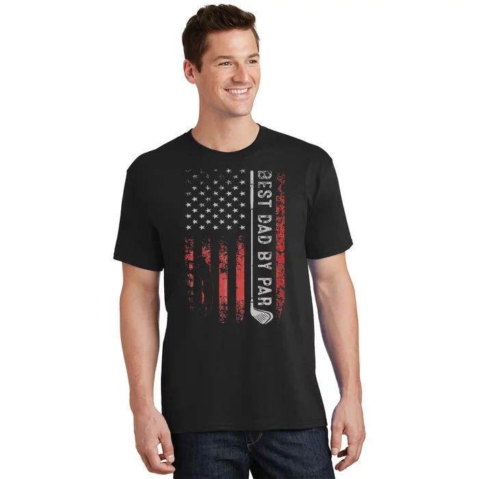 Golf Best Dad By Par Daddy Golfer American Flag Father's Day T-Shirt