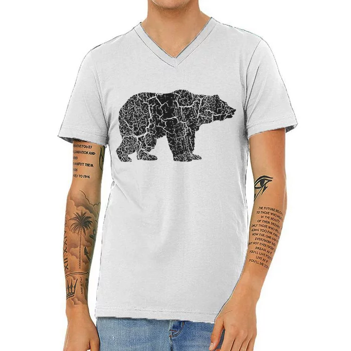 Grizzly Bear Distressed Print Vintage Grizzly Bear V-Neck T-Shirt