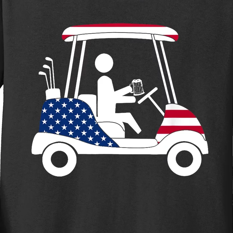 Golfing Beer Drinker | USA American Flag Golf Cart Gift Kids Long Sleeve Shirt