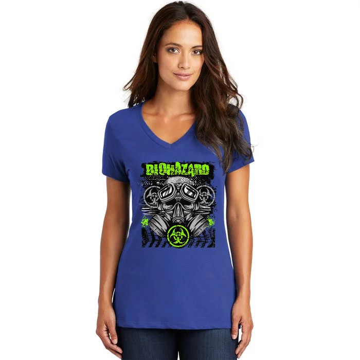 Green BioHazard Face Mask Funny Halloween Women's V-Neck T-Shirt