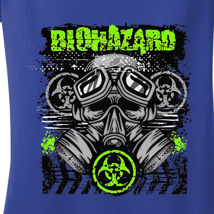 Green BioHazard Face Mask Funny Halloween Women's V-Neck T-Shirt