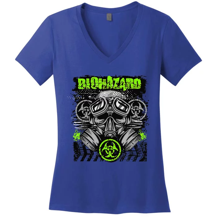 Green BioHazard Face Mask Funny Halloween Women's V-Neck T-Shirt