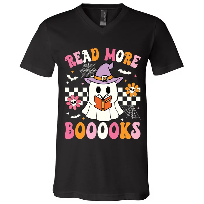 Groovy Booooks Ghost Read More Books Funny Teacher Halloween V-Neck T-Shirt