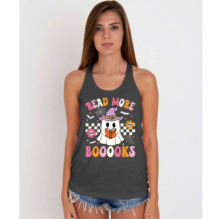 Groovy Booooks Ghost Read More Books Funny Teacher Halloween Women's Knotted Racerback Tank