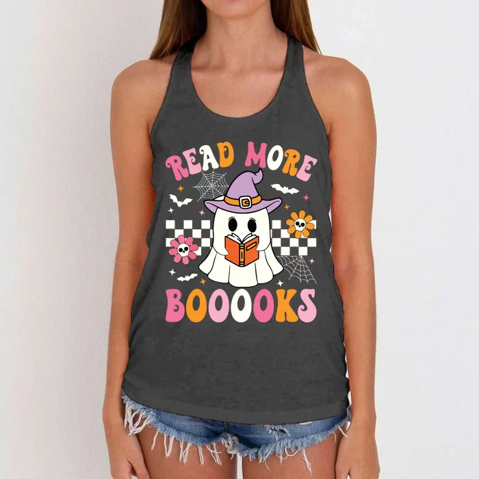 Groovy Booooks Ghost Read More Books Funny Teacher Halloween Women's Knotted Racerback Tank