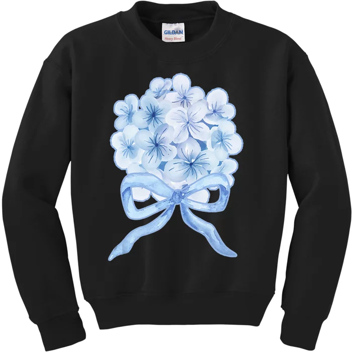 Grandmillennial Blue Hydrangea Bow Kids Sweatshirt