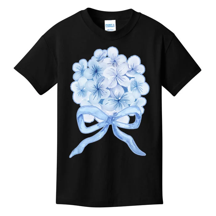 Grandmillennial Blue Hydrangea Bow Kids T-Shirt